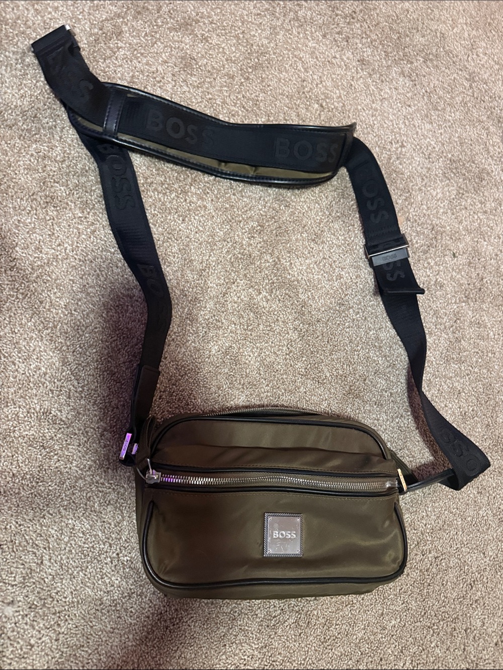 BOSS Olive Green Crossbody Bag with Black Branded Strap